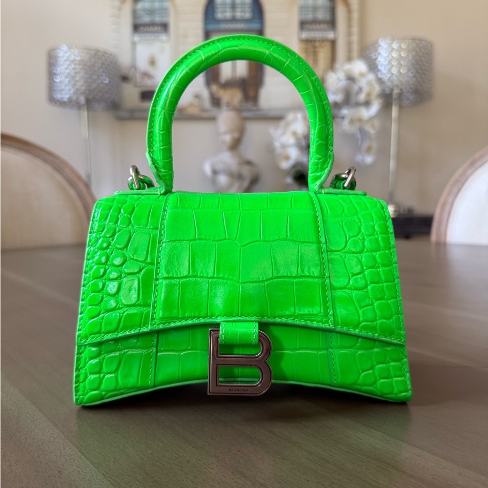 Balenciaga Hourglass Neon Green Croc-Embossed Handbag